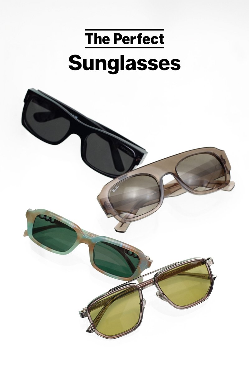 Vier Paar Sonnenbrillen mit unterschiedlich farbigen Gläsern und Rahmen unter dem Text "The Perfect Sunglasses" auf weißem Hintergrund angeordnet.