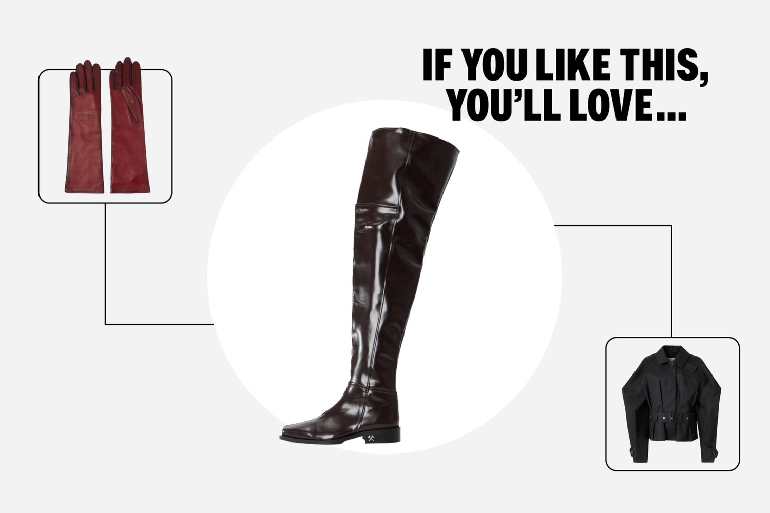 Stivale nero di pelle sopra il ginocchio al centro; collegato a lunghi guanti rossi di pelle e giacca nera con cintura ai lati, testo "Se ti piace questo, adorerai..."