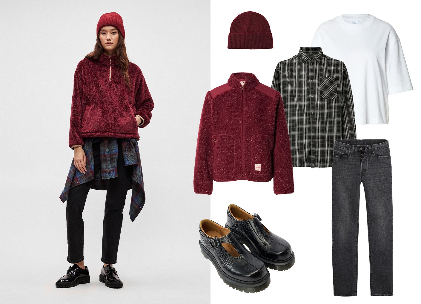Pulover din fleece vișiniu, blugi negri, cămașă în carouri, tricou alb, cagulă vișinie și pantofi negri cu detalii de cataramă expuse împreună.