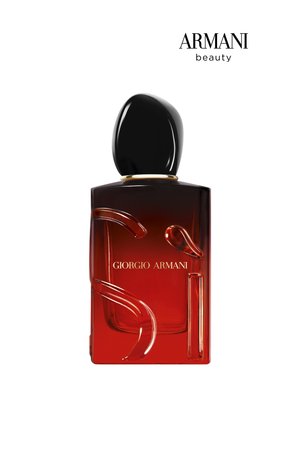 Giorgio Armani Si perfume bottle with a black cap, featuring elegant curves in a red gradient glass design, against a white background.