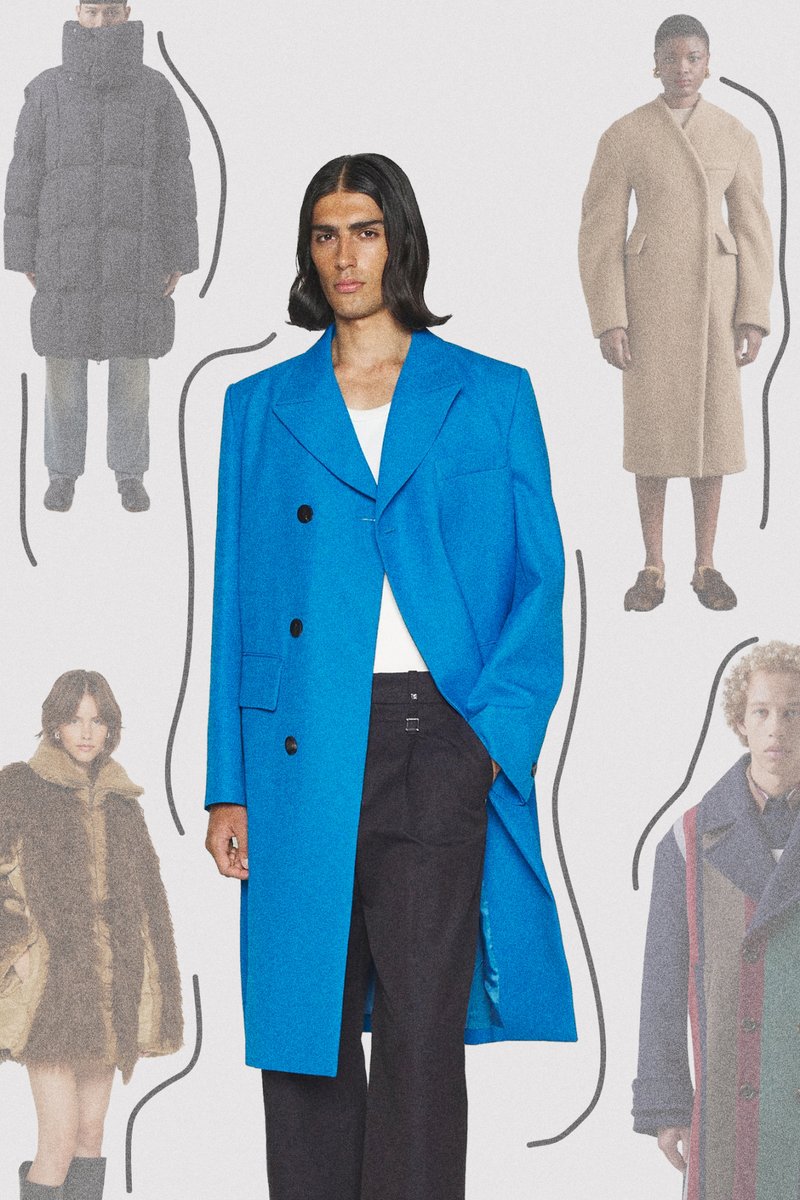 Un hombre con un abrigo azul brillante destaca, rodeado de figuras de la moda con diferentes abrigos elegantes contra un fondo sutil.
