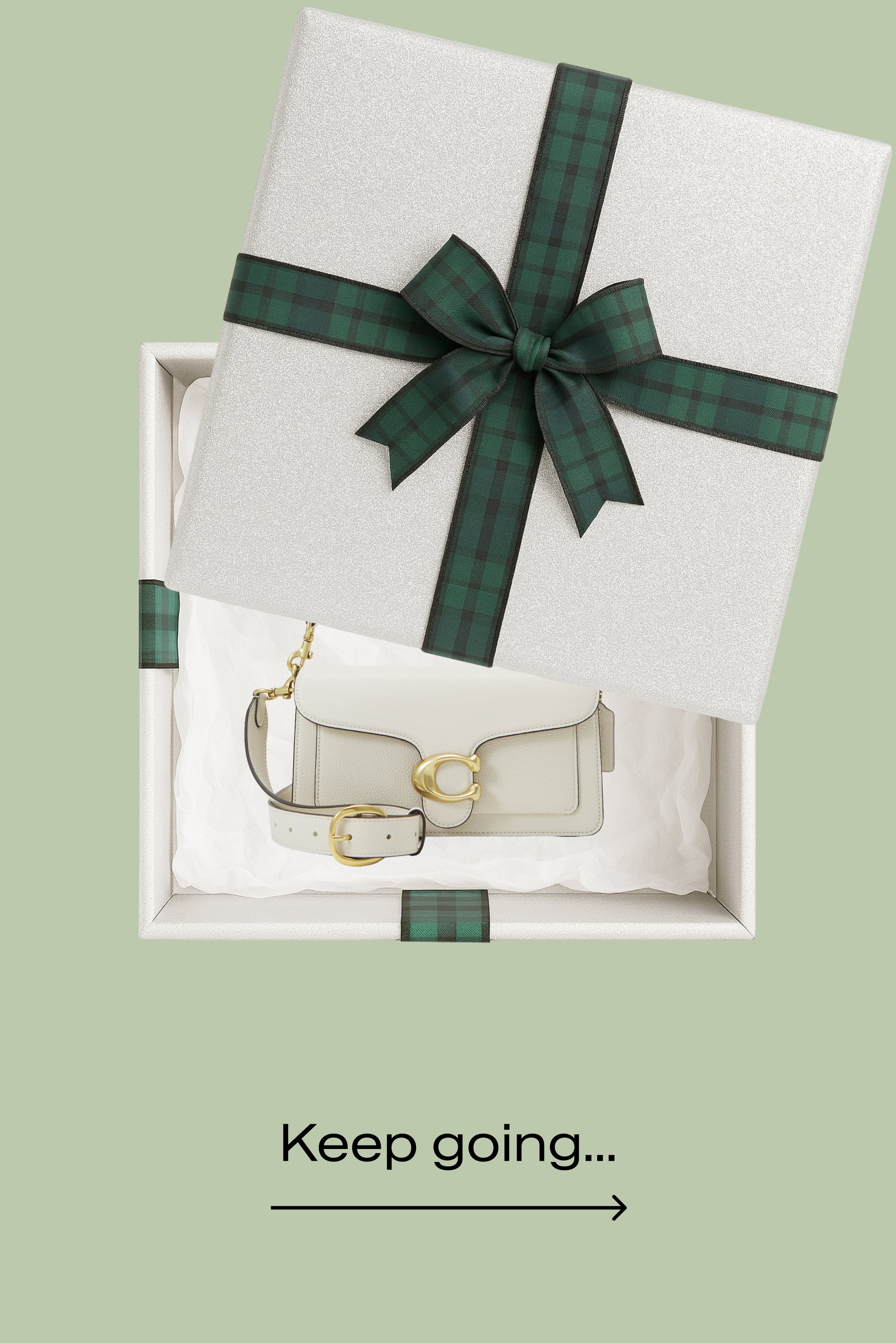 Borsa a mano in pelle bianca con fibbia dorata in una scatola regalo bianca con nastro a quadri verde su sfondo verde chiaro.