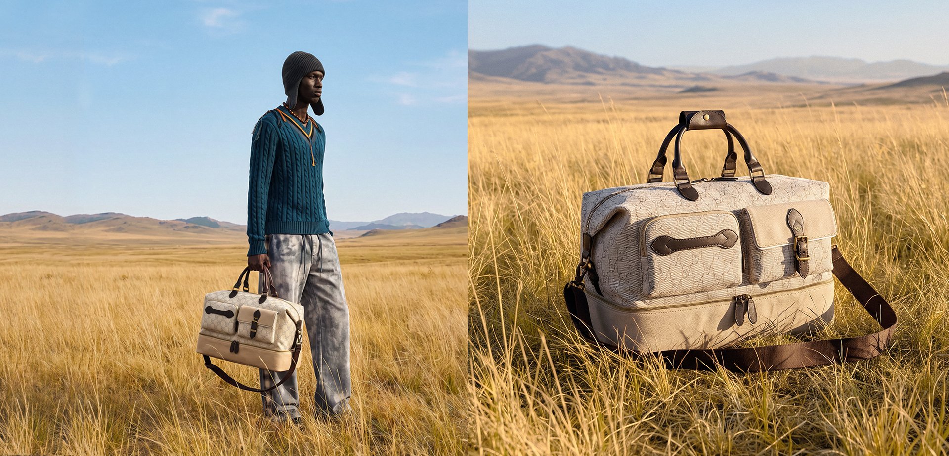 Ein Mann mit gestricktem Pullover und Mütze steht im hohen Gras und hält eine beige gemusterte Reisetasche mit Lederriemen auf einem weiten offenen Feld.