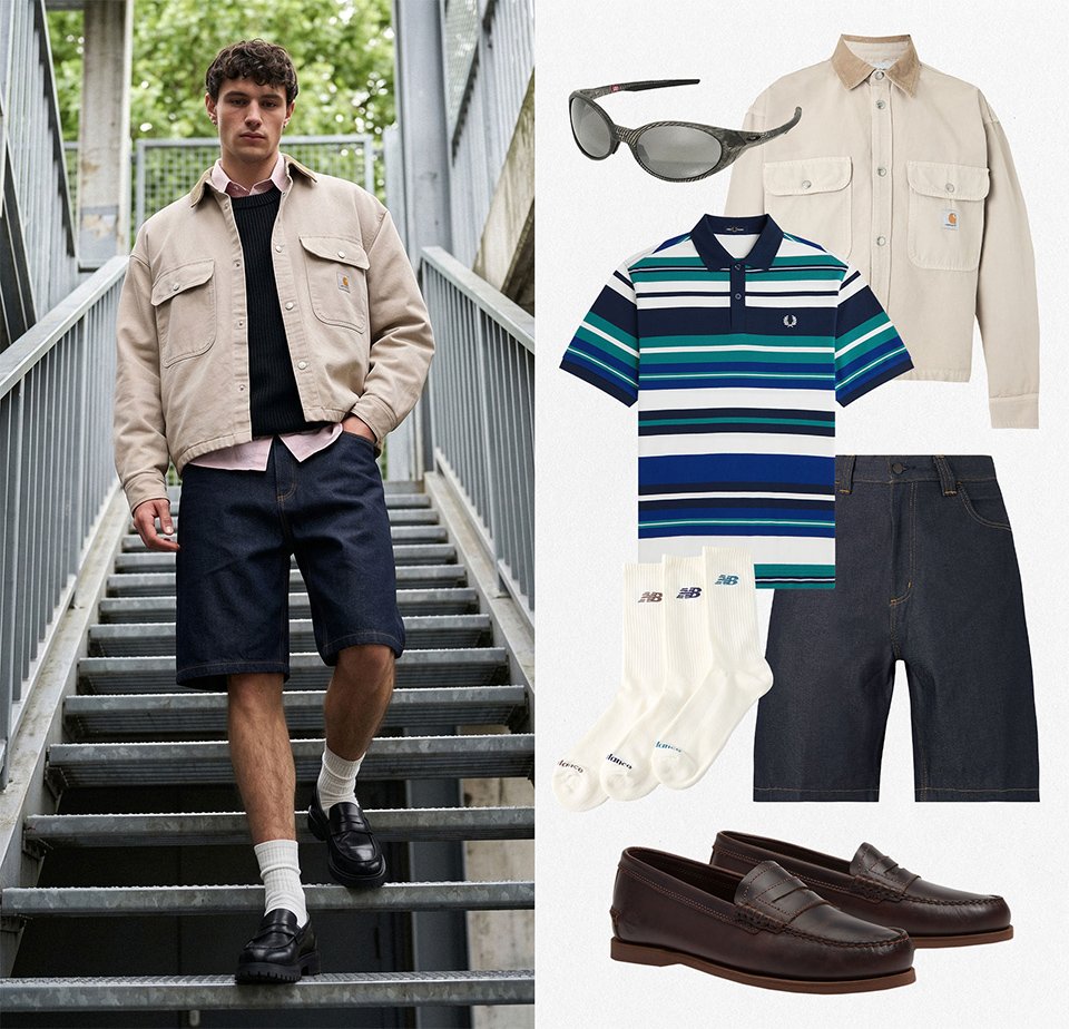 Man draagt een beige jas, zwarte trui, roze hemd, marineblauwe korte broek, witte sokken, zwarte loafers en loopt een metalen trap af; outfit omvat een gestreept polohemd en zonnebril.