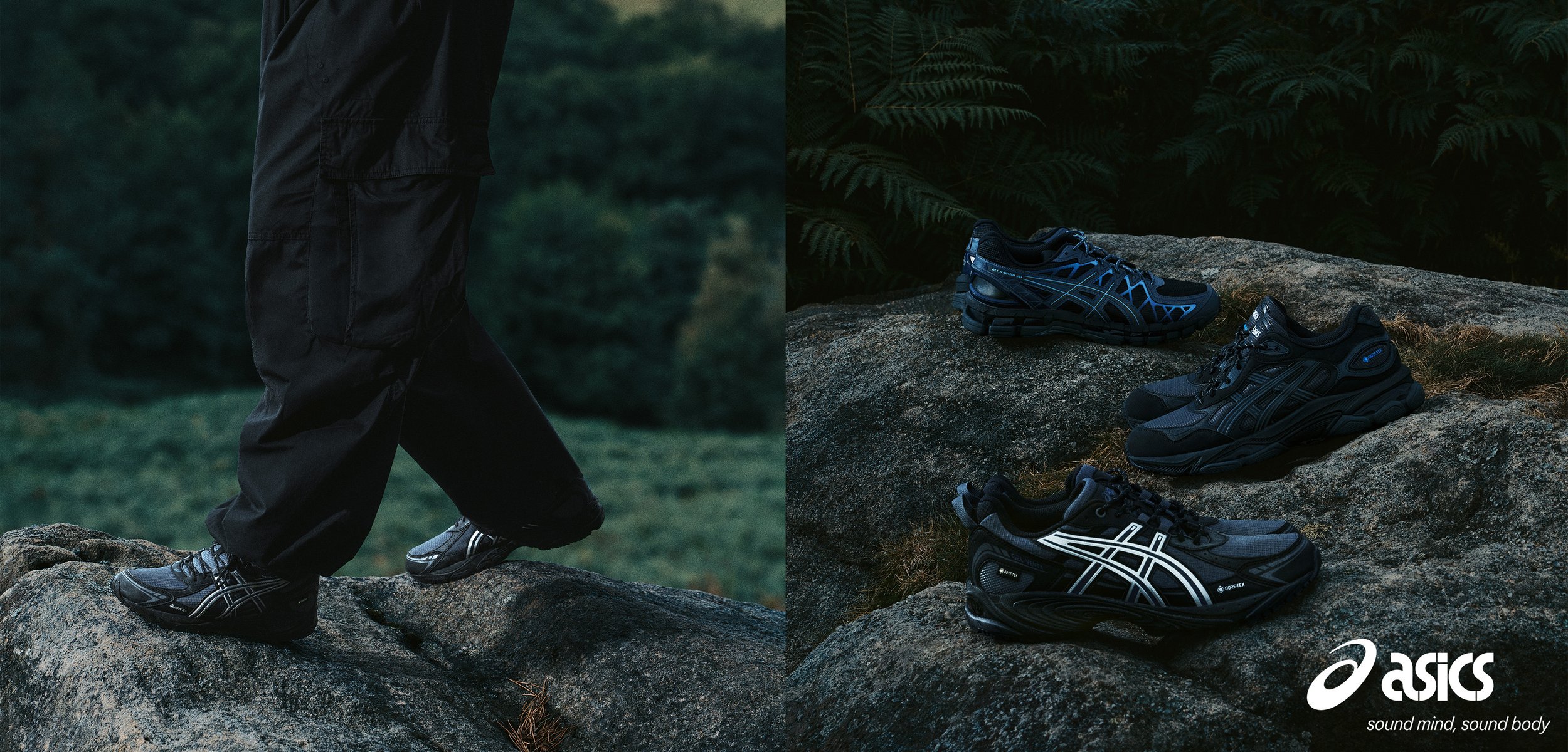 Un randonneur traverse un sentier rocailleux, à côté de trois chaussures Asics noires exposées sur des rochers dans une forêt.