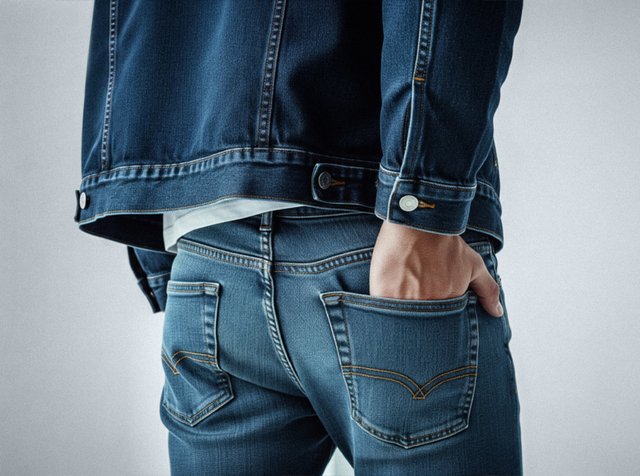 Mörk denimjacka med metalldetaljer, kombinerad med ljusblå jeans som har sydda bakfickor och en rak benform.