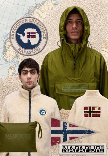 Two men wearing Napapijri outerwear, a green hooded jacket and a beige fleece zip-up, with branded patches and accessories on a map background.
