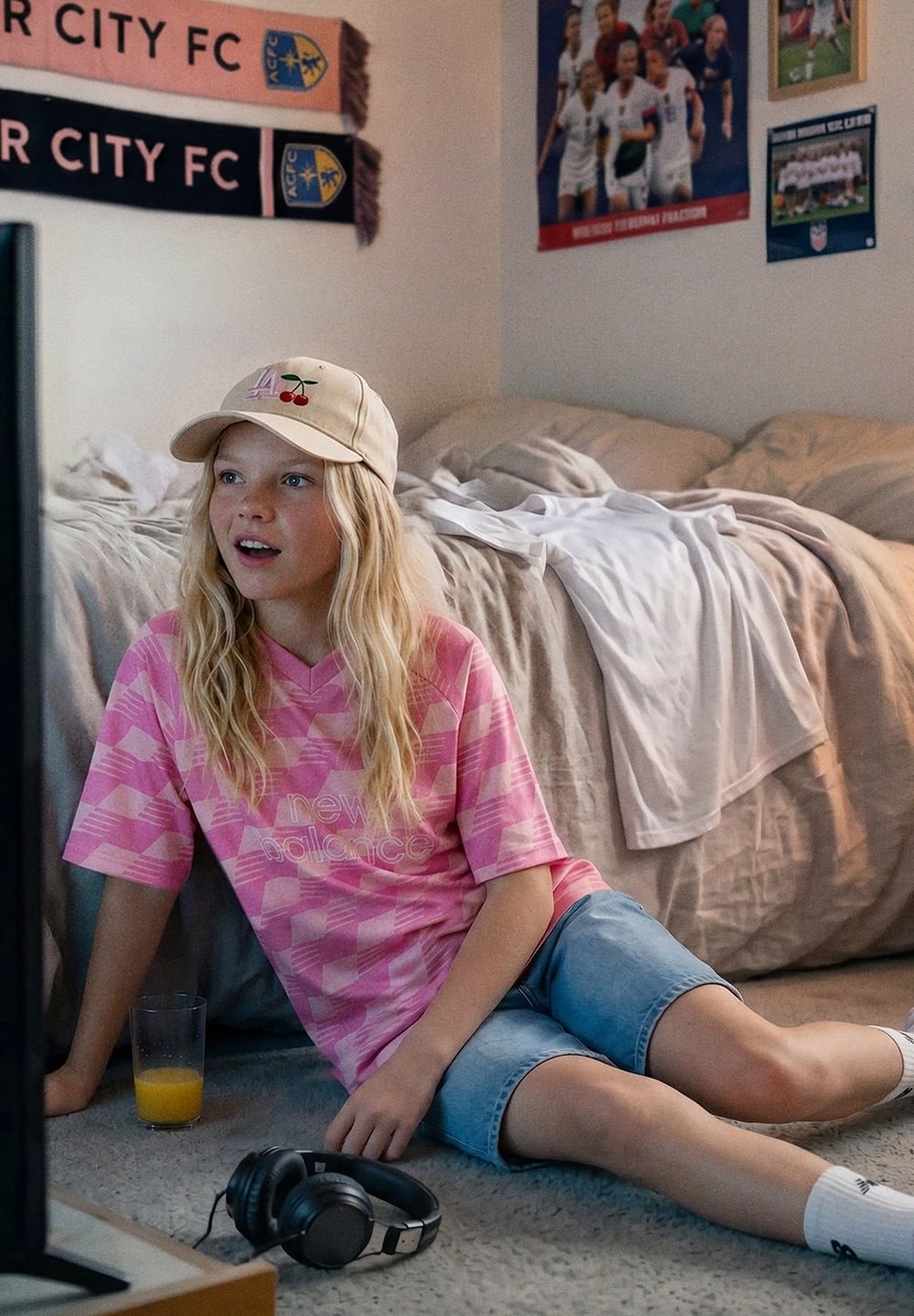 Blonde child wearing a cap and pink shirt sits on bedroom floor with glass of orange juice, headphones nearby, watching a screen.