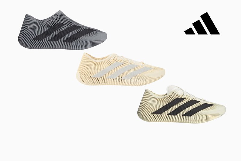 Drei leichte Adidas Laufschuhe in Schwarz, Beige und Creme mit Mesh-Design und den charakteristischen drei Streifen, Adidas-Logo in der oberen rechten Ecke.