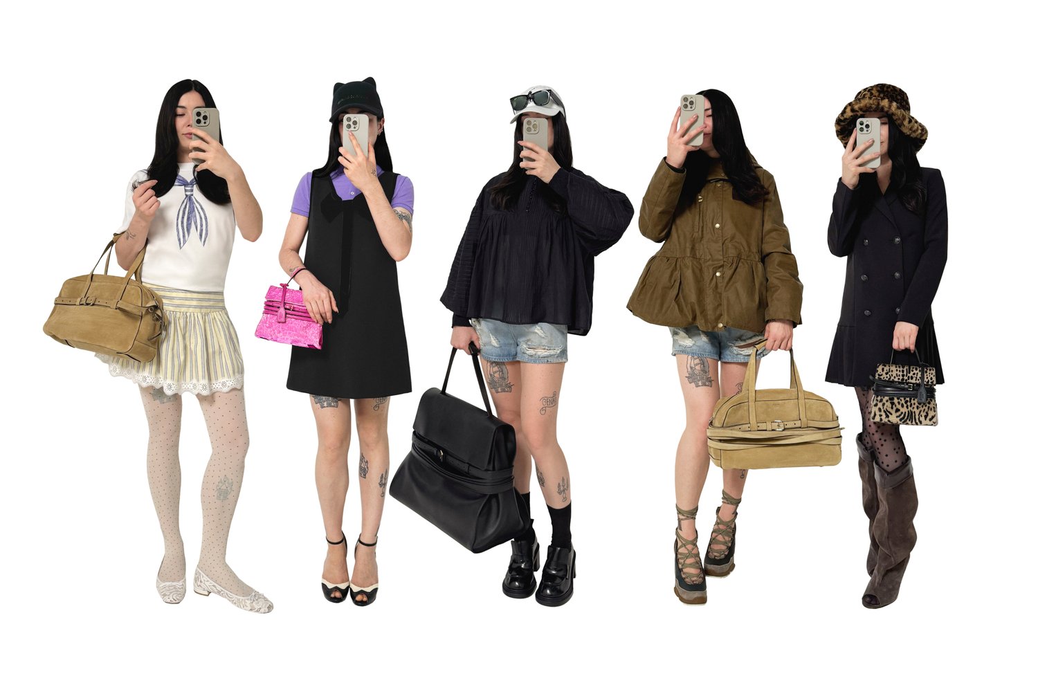 Cinque individui mostrano abiti e borse diverse, tra cui gonne, pantaloni corti e accessori, posando mentre scattano selfie su uno sfondo bianco.