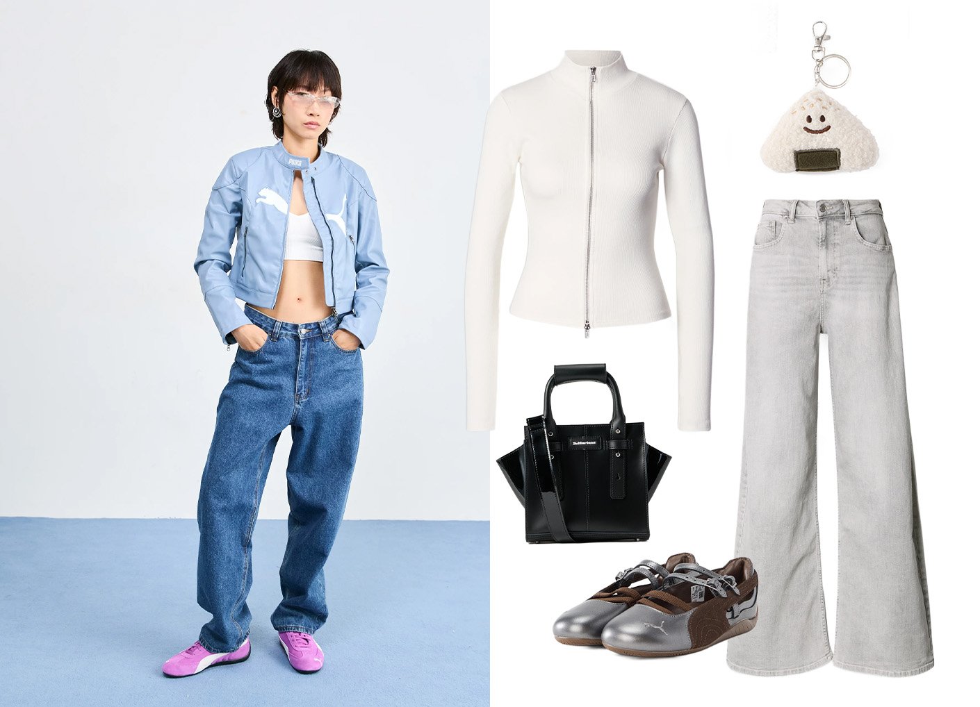 Hellblaue gekürzte Jacke mit weißem Logo, weißes, geripptes Reißverschluss-Top, graue Jeans mit weitem Bein, schwarze Handtasche, graue Schuhe und ein Reisbällchen-Schlüsselanhänger.