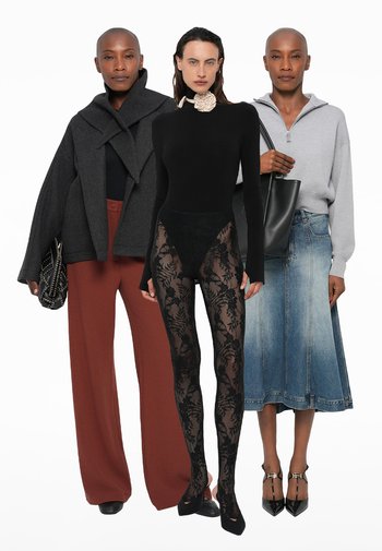Drei Models in unterschiedlichen Outfits: ein grauer Wollmantel, ein schwarzer Body mit Spitzentights und ein grauer Pullover mit einem Jeansrock.