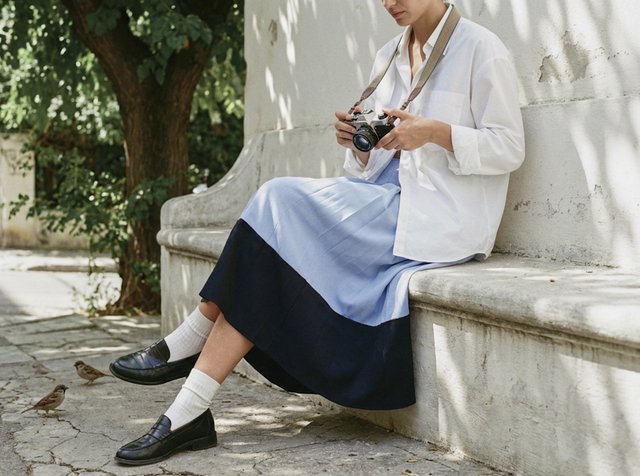 Personne assise sur un banc en pierre à l’extérieur, tenant un appareil photo, portant une chemise blanche, une jupe bleue et noire, des chaussettes blanches et des chaussures noires près d’un arbre et des oiseaux.