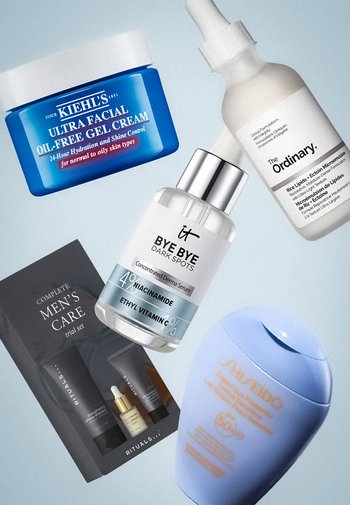 Cinq produits de soin de la peau comprenant la crème gel sans huile de Kiehl's, le sérum The Ordinary, le sérum IT Bye Bye Dark Spots, le kit d'essai de soins pour hommes Rituals, et la crème solaire Shiseido.