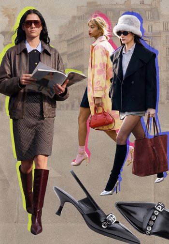 Tres mujeres caminan llevando abrigos elegantes, botas y tacones, y cargan bolsos; una lee una revista; debajo hay dos zapatos negros de tacón con hebillas.