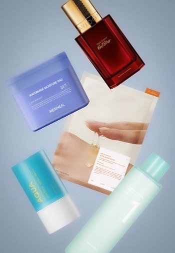 Mediheal Watermide vochtinbrengende pads, Dr. Althea Vita Glow masker, Davidoff Cool Elixir parfum, Aqua zonnebrandcrème en Numouen huidverzorgingsproducten.