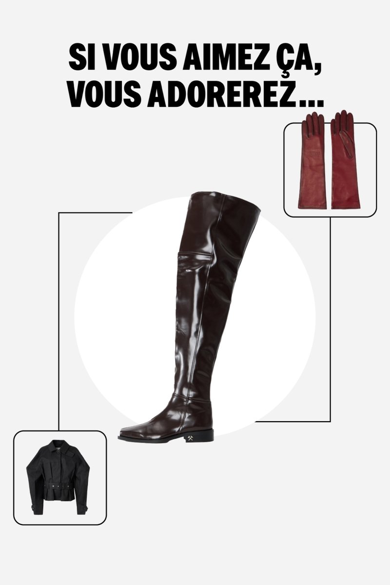 Bottes en cuir marron montant jusqu'aux genoux avec une finition brillante, bout carré et talon bloc bas ; entourées de gants en cuir rouges et d'une veste courte noire.