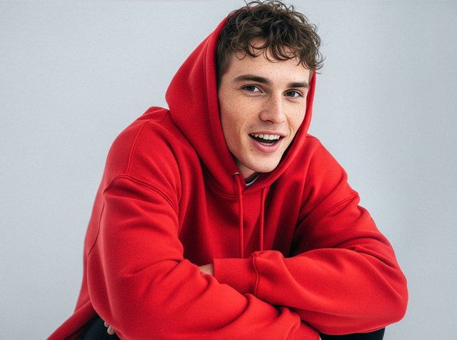 Röd bomulls hoodie med stor framficka och dragsko i huvan. Modellen har lockigt hår och fräknar, poserar med armarna i kors.