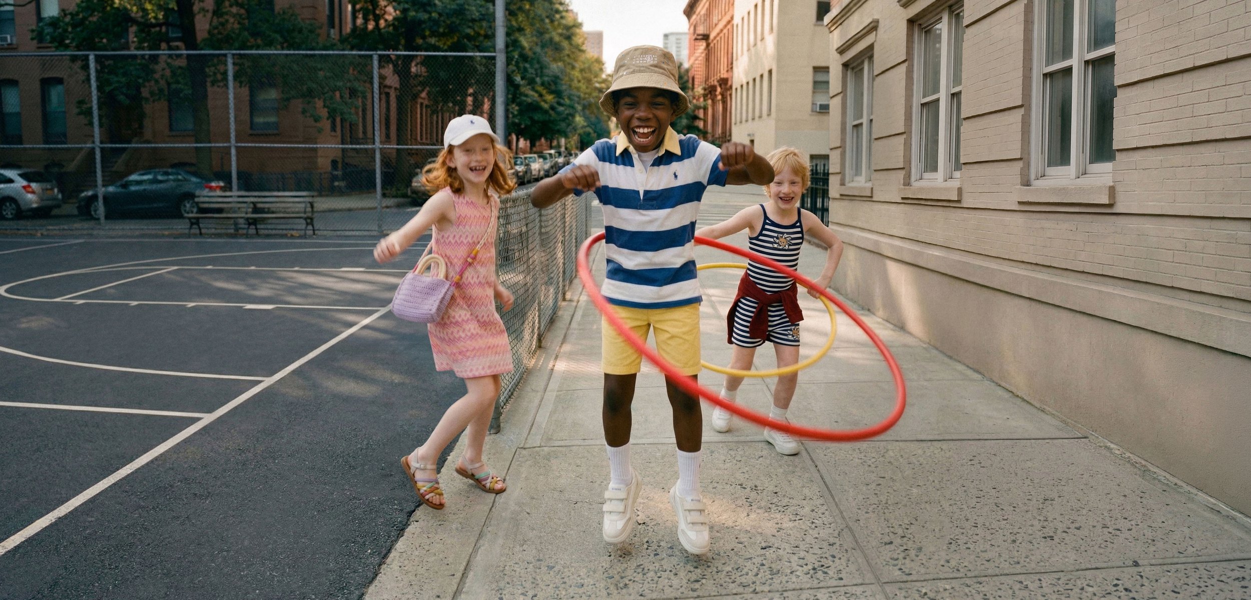 Drei Kinder spielen auf einem städtischen Gehweg; eines macht Hula-Hoop, während die anderen lachen und neben einem eingezäunten Basketballplatz laufen.