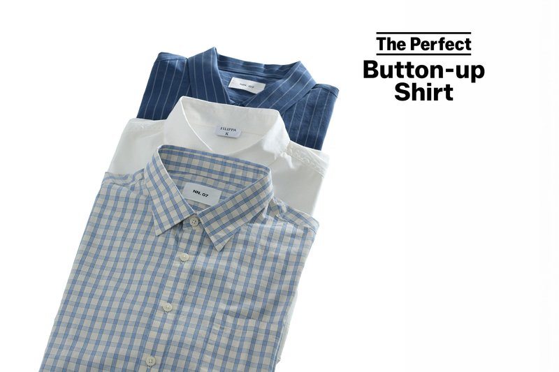 Three folded button-up shirts in blue check, white, and blue striped patterns, with text "The Perfect Button-up Shirt" on white background.