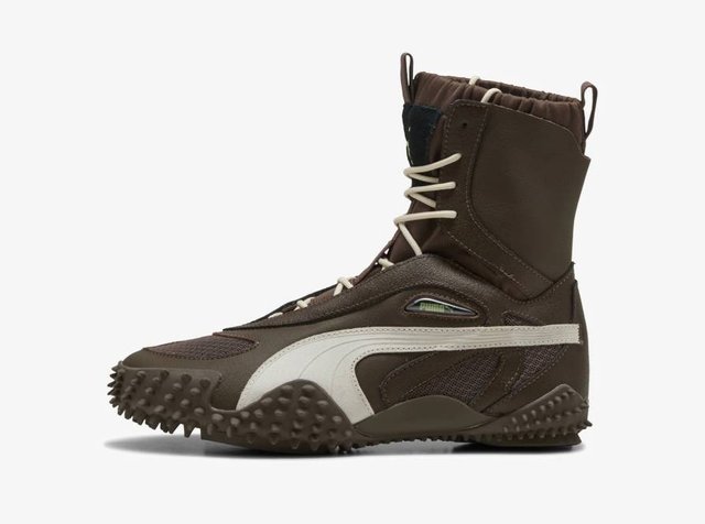 Καφέ και μπεζ αδιάβροχη μπότα με ψηλό σώμα, υφασμένο επάνω μέρος, δυναμικό σύστημα κορδονιών και ανθεκτική, αιχμηρή σόλα για καλύτερη πρόσφυση.