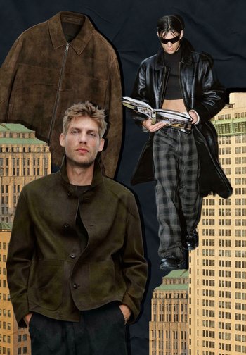 Vêtements d'extérieur en daim marron et cuir, arborant des silhouettes surdimensionnées, des textures variées et un pantalon à carreaux, le tout devant un fond urbain graphique.