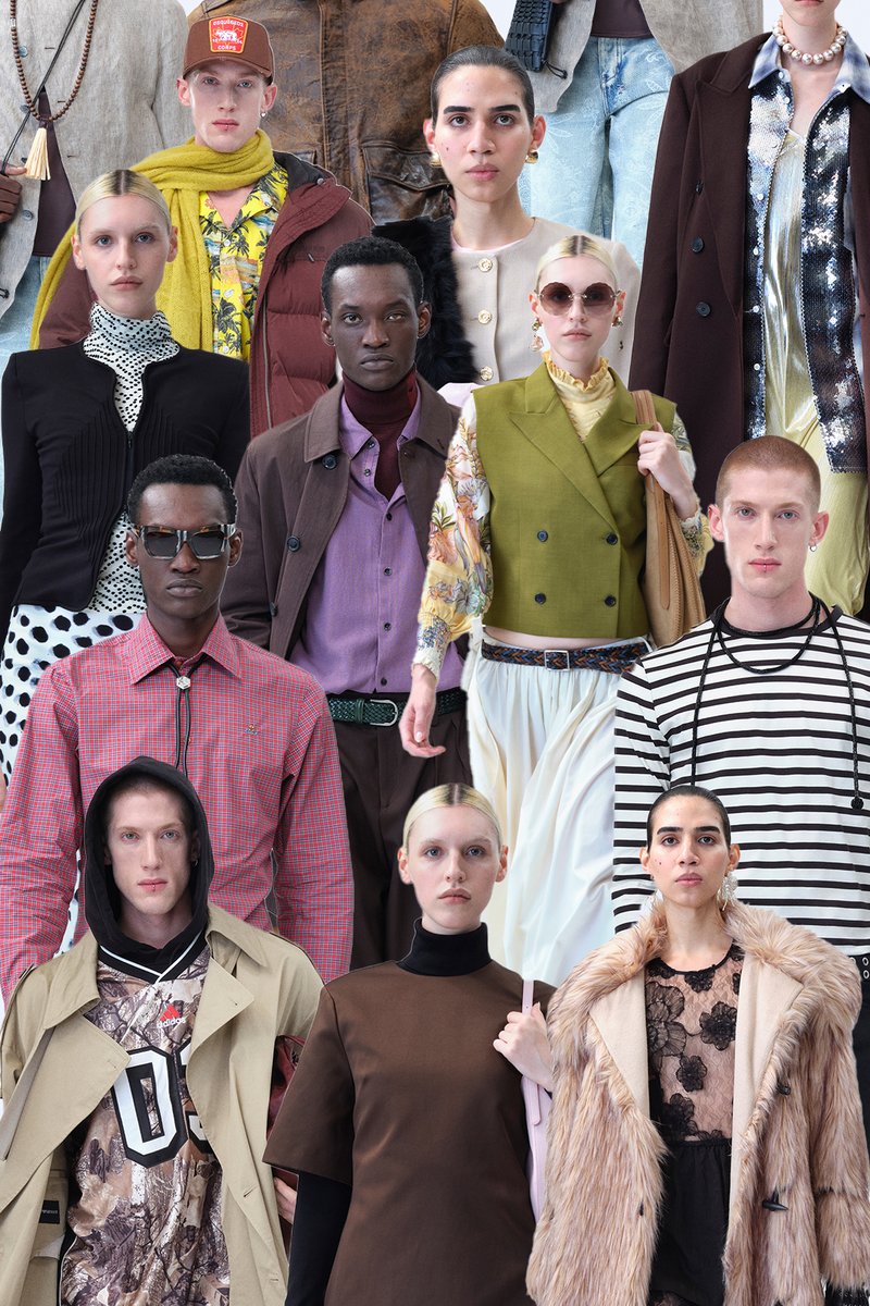 Un collage di modelli diversi che mostrano vari outfit, tra cui giacche, bluse e pantaloni in colori come marrone, verde e con fantasie.