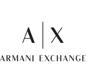 Schwarz-weißes Logo von Armani Exchange mit stilisierten Buchstaben "A" und "X" sowie dem vollständigen Markennamen darunter in moderner Schriftart.