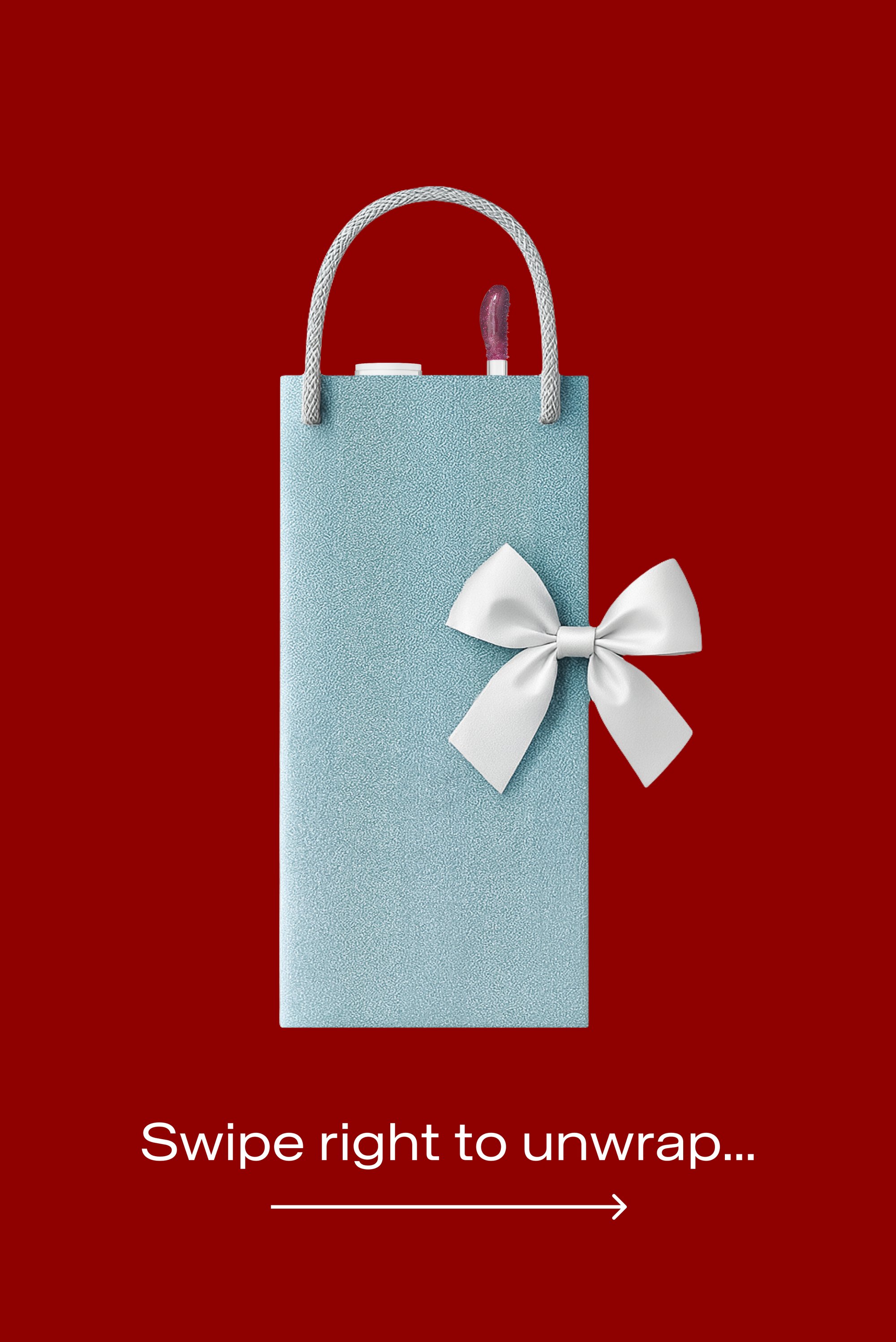 Borsa regalo azzurro chiaro con finitura testurizzata, caratterizzata da un fiocco bianco e manici in corda grigia. Su uno sfondo rosso.