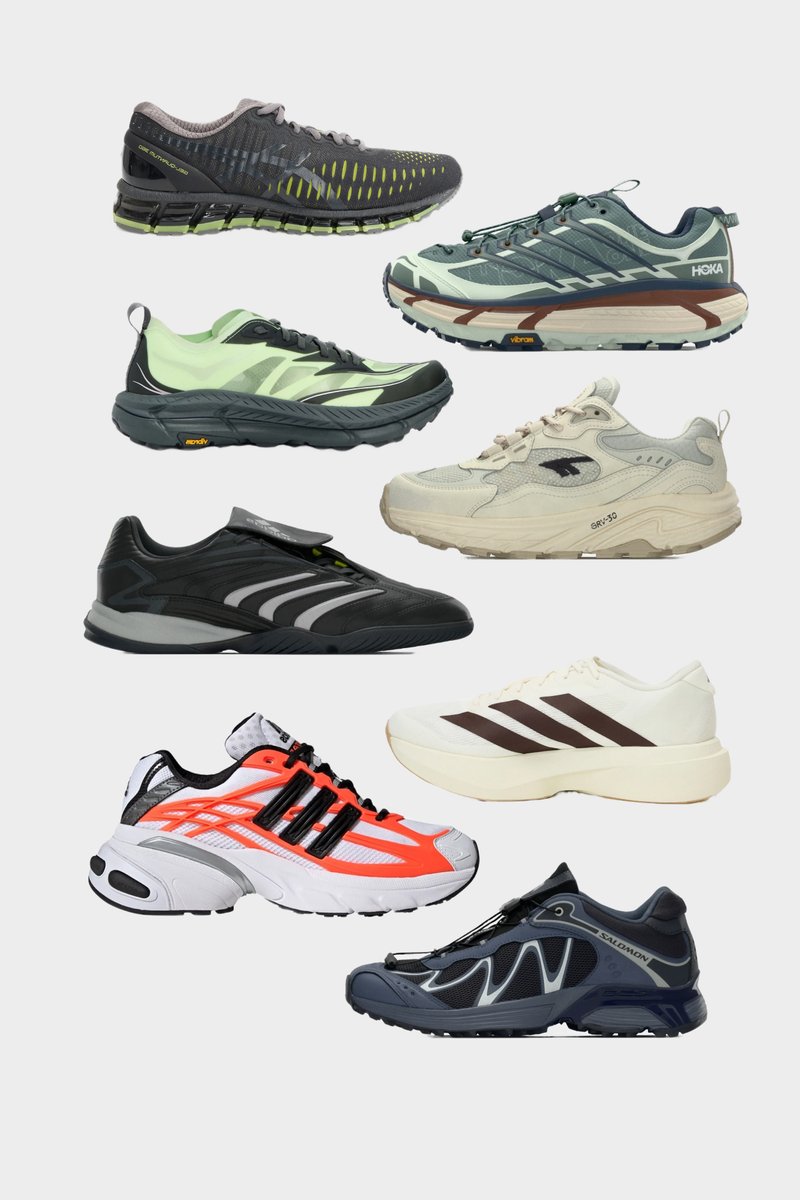 Collection of eight trainers featuring varied colours, materials, and designs, including mesh, leather, and rubber soles with distinct patterns.