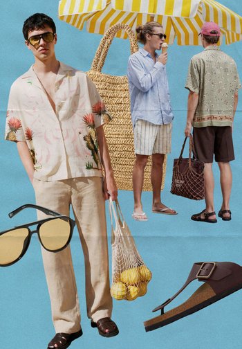 Three men in casual summer outfits with sunglasses, sandals, and tote bags against a blue background with a striped umbrella.