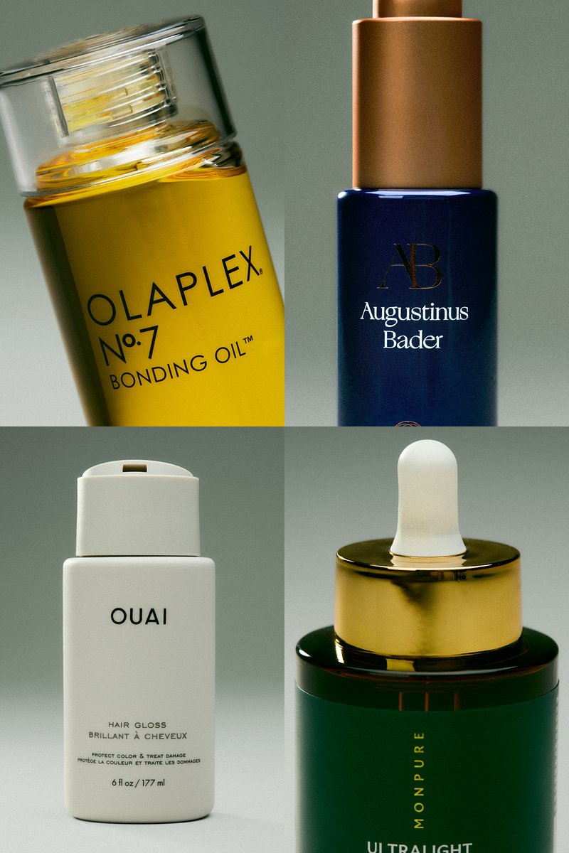 Quattro flaconi per la cura dei capelli includono Olaplex No.7 Bonding Oil, siero Augustinus Bader, Ouai Hair Gloss e siero Monpure Ultralight con contagocce.