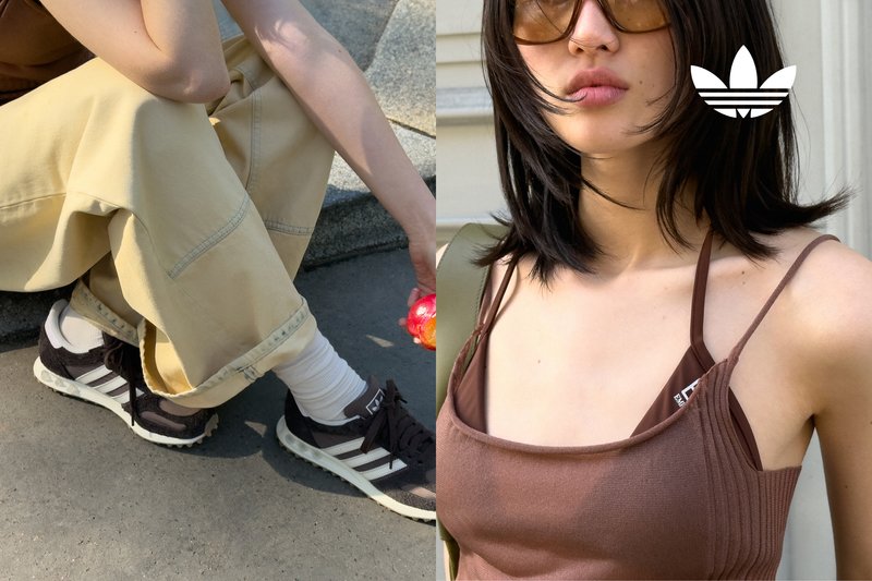 Links: Person trägt beiges Hosen und schwarze Adidas-Sneaker, sitzt auf Steinstufen. Rechts: Person in braunem Tanktop mit Adidas-Logo auf den Trägern.