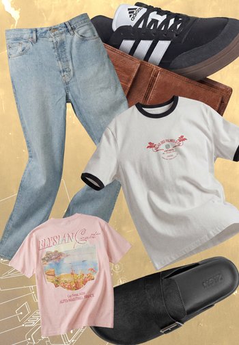 Jean bleu clair, t-shirt graphique rose, t-shirt ringer blanc, basket Adidas noire, portefeuille marron et sandale noire à bride sur fond doré.