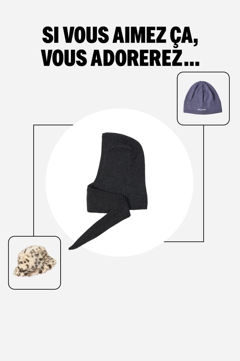 Balaclava en maille gris foncé avec une forme ajustée et une section de cou allongée. Texture douce avec un design sans coutures, adapté aux temps froids.