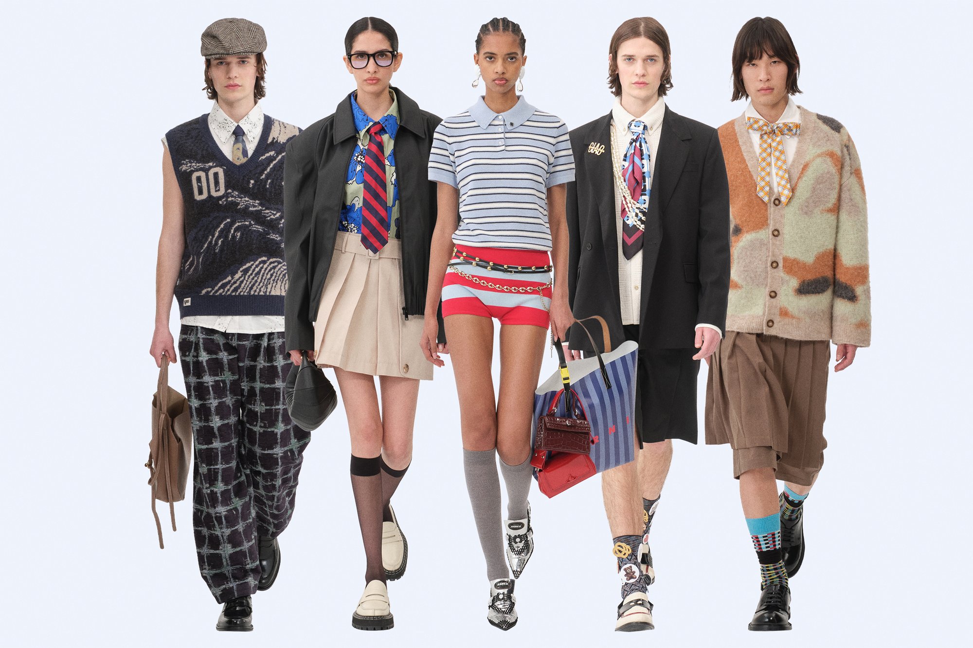 Five models showcase diverse fashion styles, wearing layered outfits, accessories, and varying footwear against a light background.