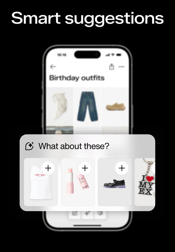 Mobile screen displaying outfit suggestions for a birthday theme. Includes a white tank top, pink lip product, black shoes, and a keychain.