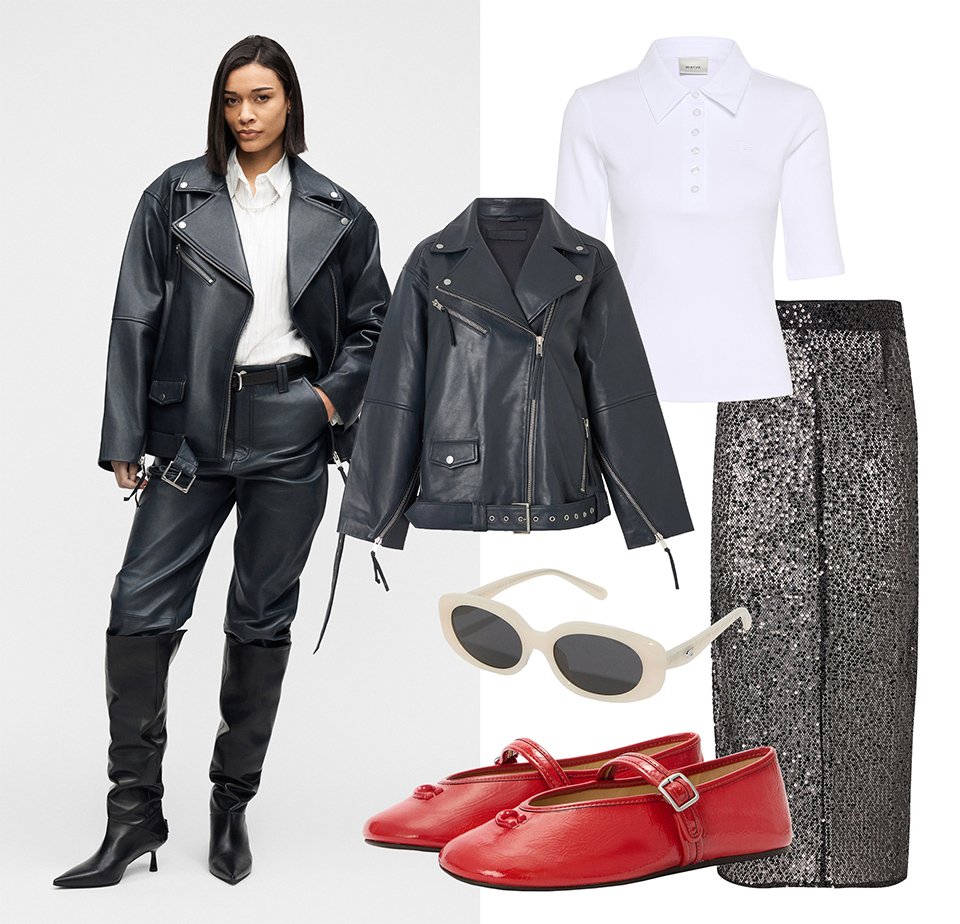 Vrouw met een zwarte leren motorjack, broek en laarzen; naast een wit poloshirt, een zwarte glinsterende rok, witte zonnebril en rode Mary Jane schoenen.