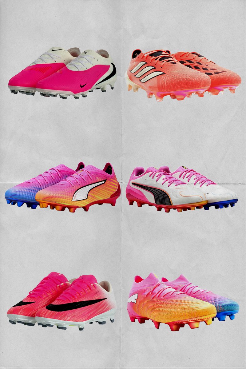 Six paires de crampons de football colorés disposées en deux colonnes sur un fond gris clair, avec différentes marques et des designs dynamiques.
