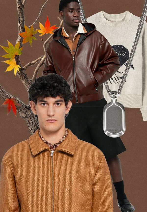 Dark brown leather hooded jacket, cream knit sweater with graphic, ribbed tan jacket, and silver necklace; set against a brown background adorned with leaves.