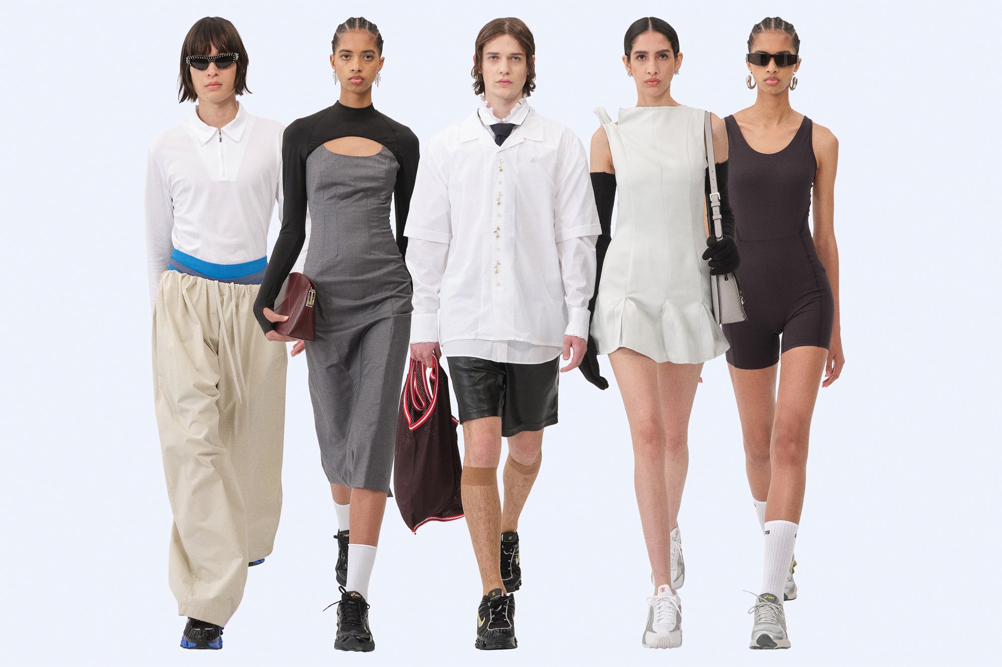 Five models showcase modern fashion styles, featuring diverse outfits and accessories against a light background.