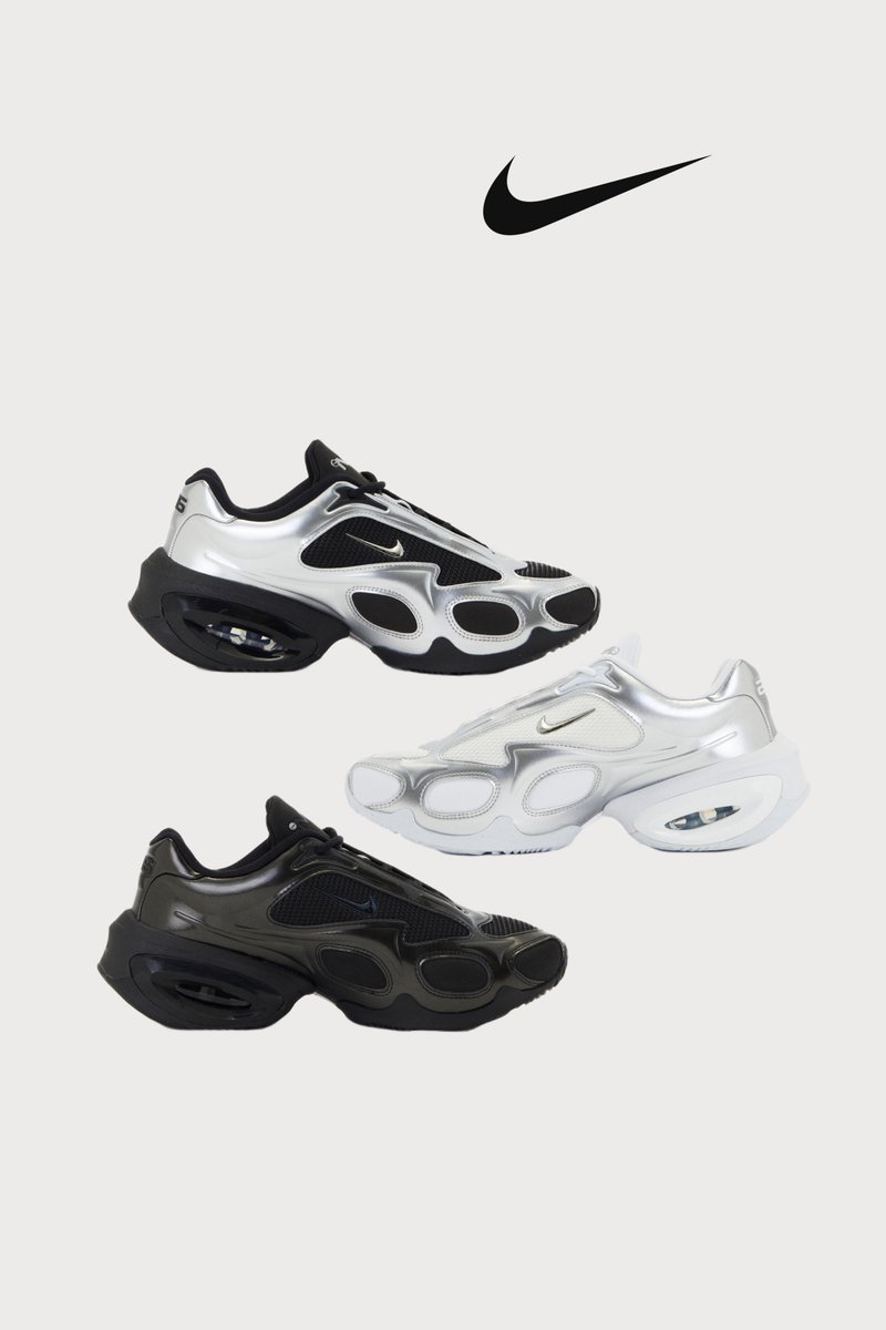 Three pairs of Nike shoes displayed: black with silver accents, silver with black mesh, and white with silver accents, against a plain background.