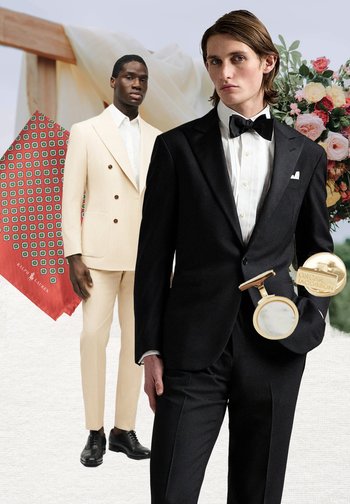 Two men in formal suits, one in black tuxedo with bow tie, the other in cream double-breasted suit, with floral and cufflinks accents.