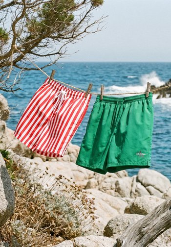 Short de bain rayé rouge et blanc et short de bain vert uni suspendus à une corde près d'un rivage rocheux avec des vagues océaniques.