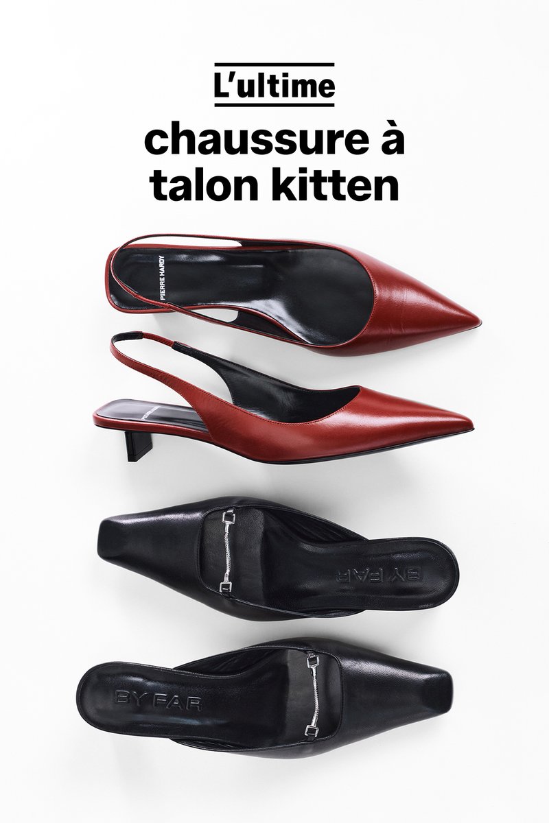 Deux paires de chaussures pour femmes à talon bas : la paire du dessus est rouge à bout pointu, la paire du dessous est noire à bout carré avec des accents métalliques.