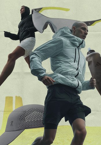 Dois corredores em colagem: um veste uma jaqueta azul-claro e calções pretos; o outro usa uma jaqueta preta e calções brancos. Apresenta óculos de sol e uma garrafa de água castanha.