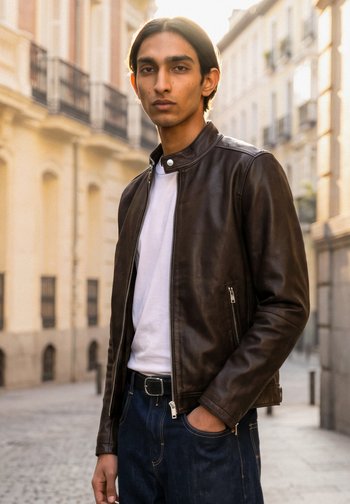 Jeune homme aux cheveux lisses et foncés, portant une veste en cuir marron foncé, une chemise blanche et un jean bleu, debout dans une rue urbaine ensoleillée.