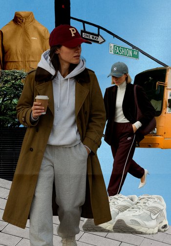 Brauner Trenchcoat, grauer Hoodie und Jogginghosen kombiniert mit weißen Turnschuhen. Weitere Elemente umfassen eine goldene Jacke, Baseballkappen und städtische Beschilderungen.