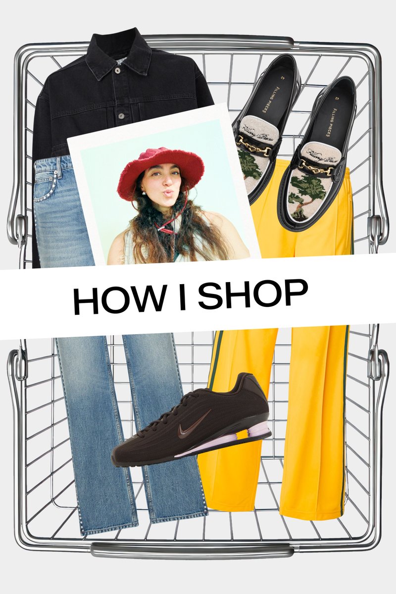 Camicia nera con bottoni, jeans blu, pantaloni gialli, sneaker nera, mocassini a fantasia e una foto di una donna con un cappello rosso dentro a un cestino della spesa.