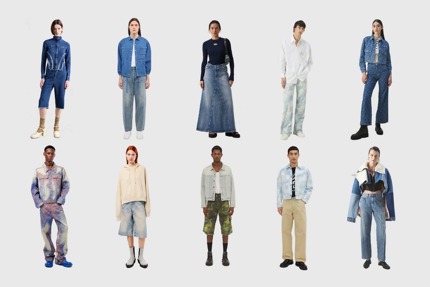 Negen modellen tonen verschillende denim- en casualoutfits tegen een neutrale achtergrond, met diverse stijlen in tops, broeken en accessoires.
